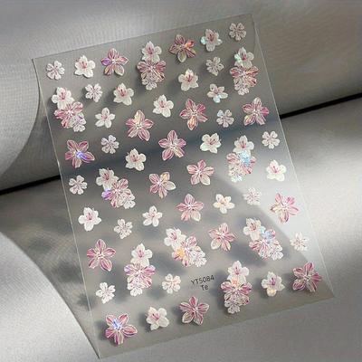 TEMU 1pc Flower Nail Stickers, Sweet With Glitter Accents, Self-adhesive Reusable Nail Art For Women, , Nail Accessories Image