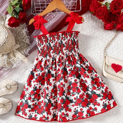 TEMU ' Floral Sleeveless Dress With Bow Detail - Rose Print, Knee-length Summer Casual Dress For Outdoor Vacations, Summer Wear | Sleeveless Summer Dress | Lightweight Fabric Dress, Dresses For Image