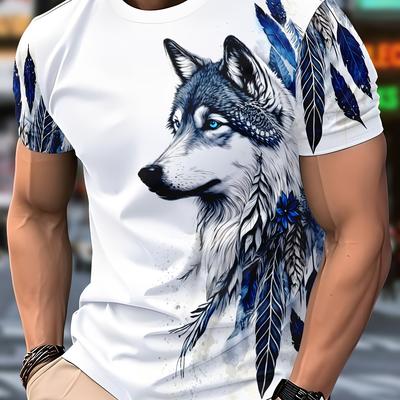 TEMU Men's Wolf Print T-shirt With - Casual Crew Neck, Short Sleeve, Lightweight Polyester, White With Blue Wolf Graphic And Floral Accents Image