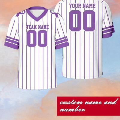 TEMU Customizable Football Jersey Shirt - Personalized Team Name & Number, Purple & White Striped V-neck, Breathable Fabric For Soccer, Baseball, Running & Casual Wear - Adult & Youth Sizes Image