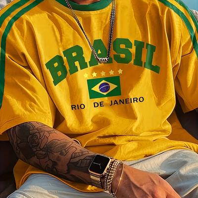 TEMU Men's Brazilian Style 3d Digital Printed Casual T-shirt - Vibrant Striped Round Neck, Breathable Polyester Knit, Slightly Elastic For Outdoor & , Relaxed Fit Tee, Flexible Fabric Tee Image