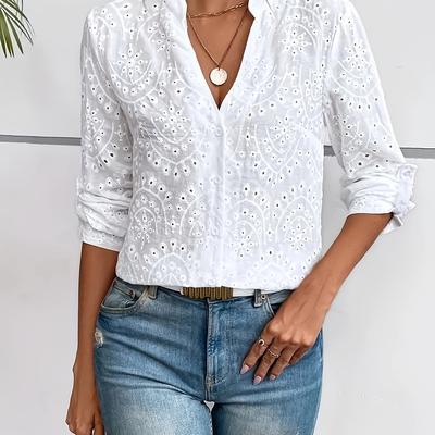 TEMU Women's Elegant V-neck Long Sleeve Shirt, Sexy Hollow Pattern, 100% Polyester Woven Fabric, Spring/summer/fall, Adult Ladies Clothing Image