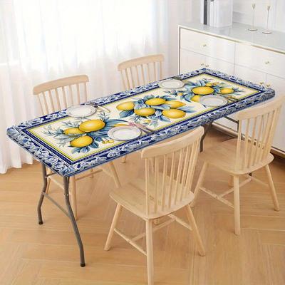 TEMU 1pc Natural Lemon Tablecloth - & Yellow Citrus Design, Durable Polyester Fabric, Indoor/outdoor Dining, Picnics, And Camping, Camping Tablecloth | Setting | Durable Tablecloth Image