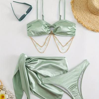TEMU 1set Elegant Women's Satin Tie-back Bikini Set With Pendant, 3pcs Knitted Swimsuit, Polyester Fabric, Solid Color, Image