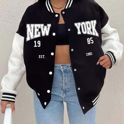 TEMU Women's Casual New 1985 Print Varsity Jacket, Polyester Baseball Collar, Alphabet Pattern, Lightweight Fall/winter Outerwear Image