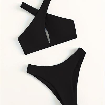 TEMU Ladies' Beach Vacation Solid Color High Stretch Bikini Sets, Polyamide Elastane Knit Fabric, 195g/m², 80% Polyamide 20% Elastane, For Ladies Image
