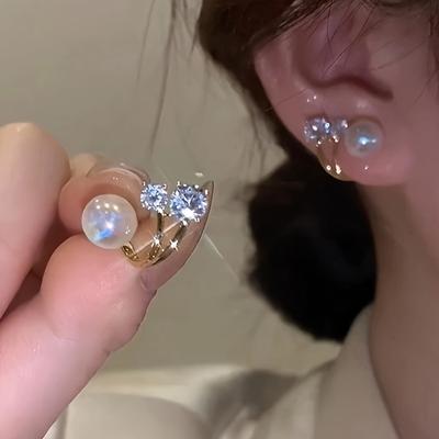 TEMU Elegant Pearl & Rhinestone Stud Earrings - Chic , Perfect Gift For Her, Versatile For Or Vacation, Pearl Earrings Image