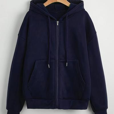TEMU Women's Navy Blue Zip-up Hoodie - Casual Long Sleeve Sweatshirt With Front Pockets, Loose Fit For Fall/winter, Lightweight Polyester, Machine Washable Image