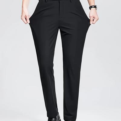 TEMU Men's Slim Fit Stretch Casual Trousers - Breathable Summer Dress Pants With Elastic Waistband, Button Closure & Side Pockets, Solid Color For Office & Outdoor Wear, Comfortable Trousers Image
