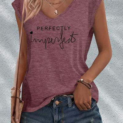 "TEMU Women's Casual Rayon Blend Oversized T-shirt With "perfectly " Letter Print, V-neck & Sleeveless Design, Medium Stretch, Machine Washable, , Relaxed | Tee | Comfortable Clothing" Image