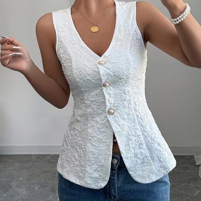 TEMU Elegant French-inspired Jacquard Vest With Button Details - V-neck, Sleeveless, Machine Washable, Non-sheer - Casual Or Chic Outfits, Summer Fashion | Frenchinspired Design | Jacquard Texture Image
