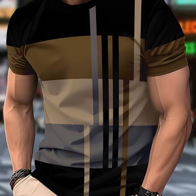 TEMU Men's Casual Color Block T-shirt - Stylish Black, Beige & Gray Vertical , Round Neck, Machine Washable, Fit For Casual Attire Image