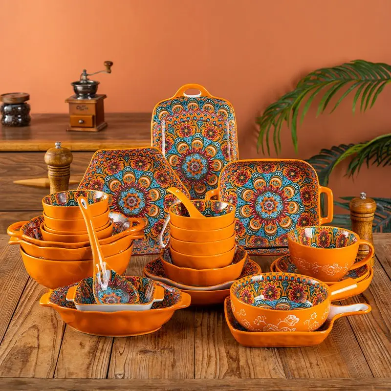 Bohemia Ceramic Rice Bowl Serving Plate Creative Ceramic Cutlery Soup Noodle Bowl Household Handle Bowl Sauce Dish