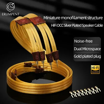 Hi-end Gold Ribbon Series One Pair HiFi Speaker Audio Cable OCC Silver Plated with Banana Y Plug Cable for Amplifier Speaker