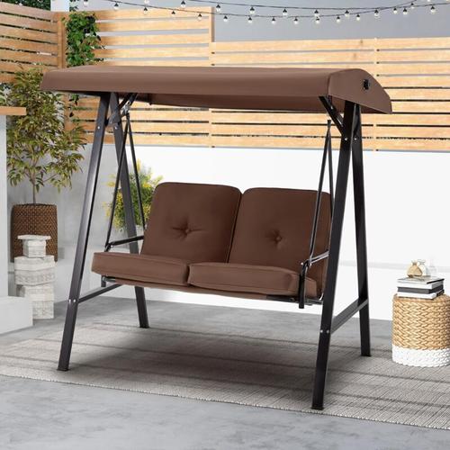 2 Sitzer Garten SchaukelstuhlOutdoor Schaukelbank mit verstellbarem Vordach,Schaukelstuhl in Braun