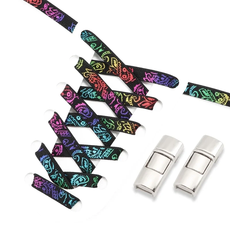Elastische Schnürsenkel, flach, mit Press-Metallverschluss für Turnschuhe, bunte Schnürsenkel ohne Bänder, praktisch für alle Altersgruppen, faule Schnürsenkel Image