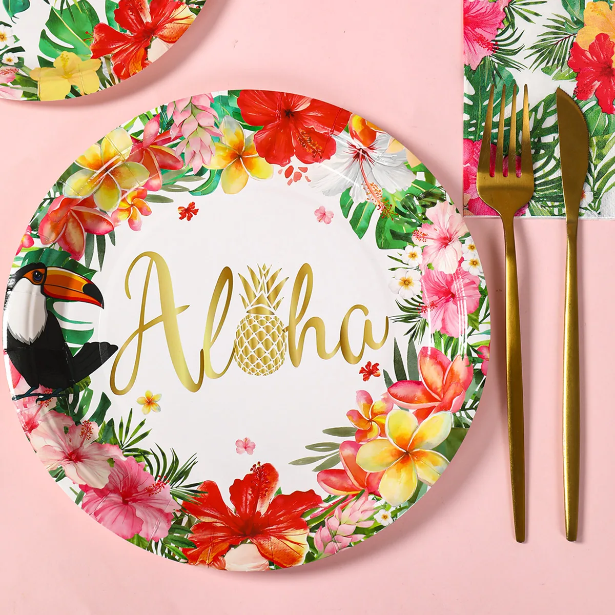 8Gäste Aloha Sommer Tropisches Thema Einweggeschirr Hawaiianische Pappteller Servietten Hawaii Hochzeit Alles Gute zum Geburtstag Party Dekor Image