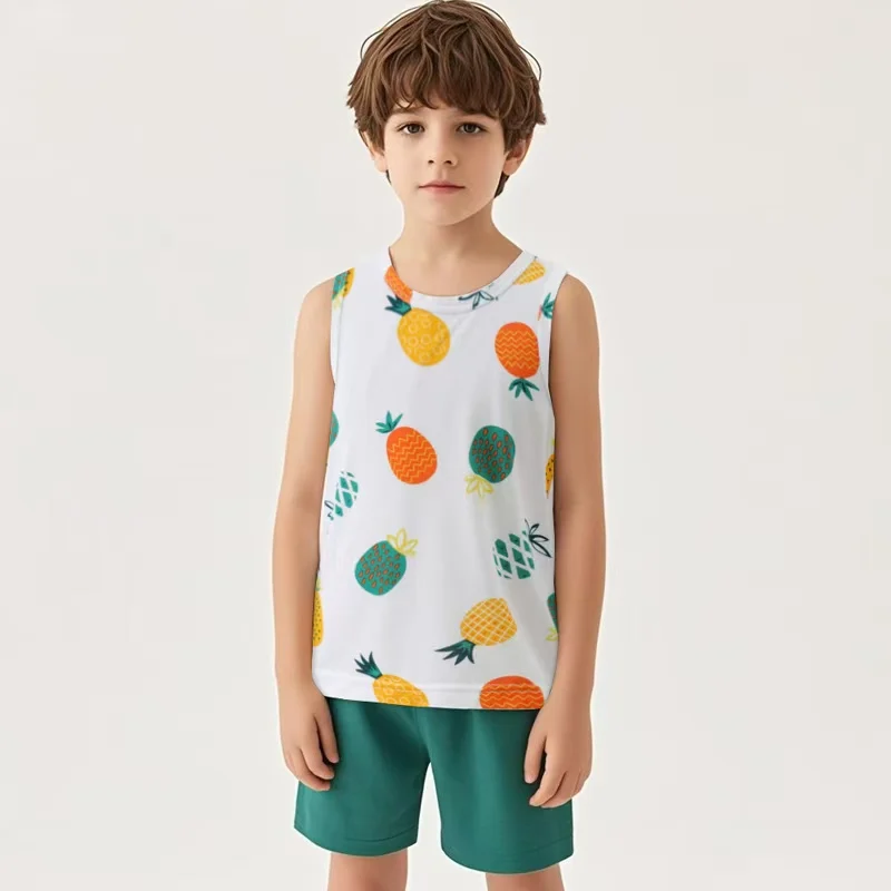 2-pieces Children's Summer Casual Comfortable Vest Shorts For Boys And Girls Pineapple Print Cute Vest Versatile Outdoor Pants