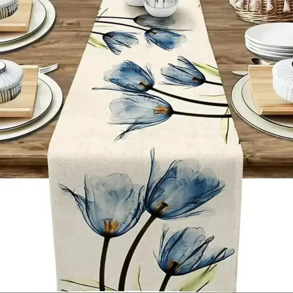 Tulpen-Leinen-Tisch, rustikaler Tischläufer im Bauernhaus-Stil, 33 x 182,9 cm, Küchen-Esstisch-Dekoration für drinnen und draußen