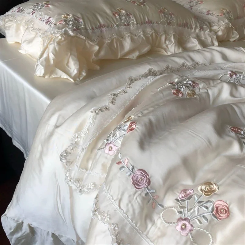 800TC Lyocell Bambusfaser, weiches, seidiges Bettwäsche-Set, Rose, Blumenstickerei, Spitze, Rüschen, Bettbezug, flaches/Spannbettlaken, Kissenbezüge Image