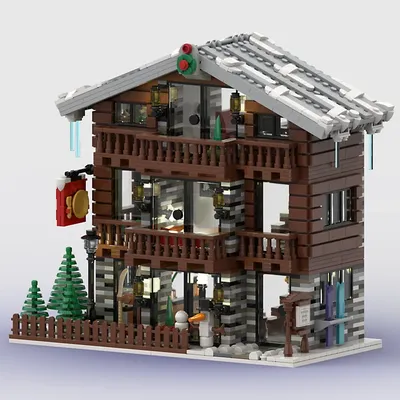 MOC Klassische Winter architektur Alpine Lodge Haus Modell Bausteine Winter Schneehaus diy Ziegel Image