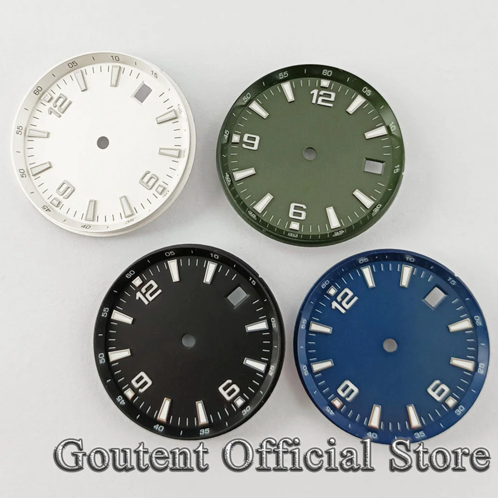 Goutent 31 mm steriles Zifferblatt, schwarz-blaues Zifferblatt, grün leuchtend, passend für NH35-Uhrwerk, Zifferblatt mit Datumsfenster