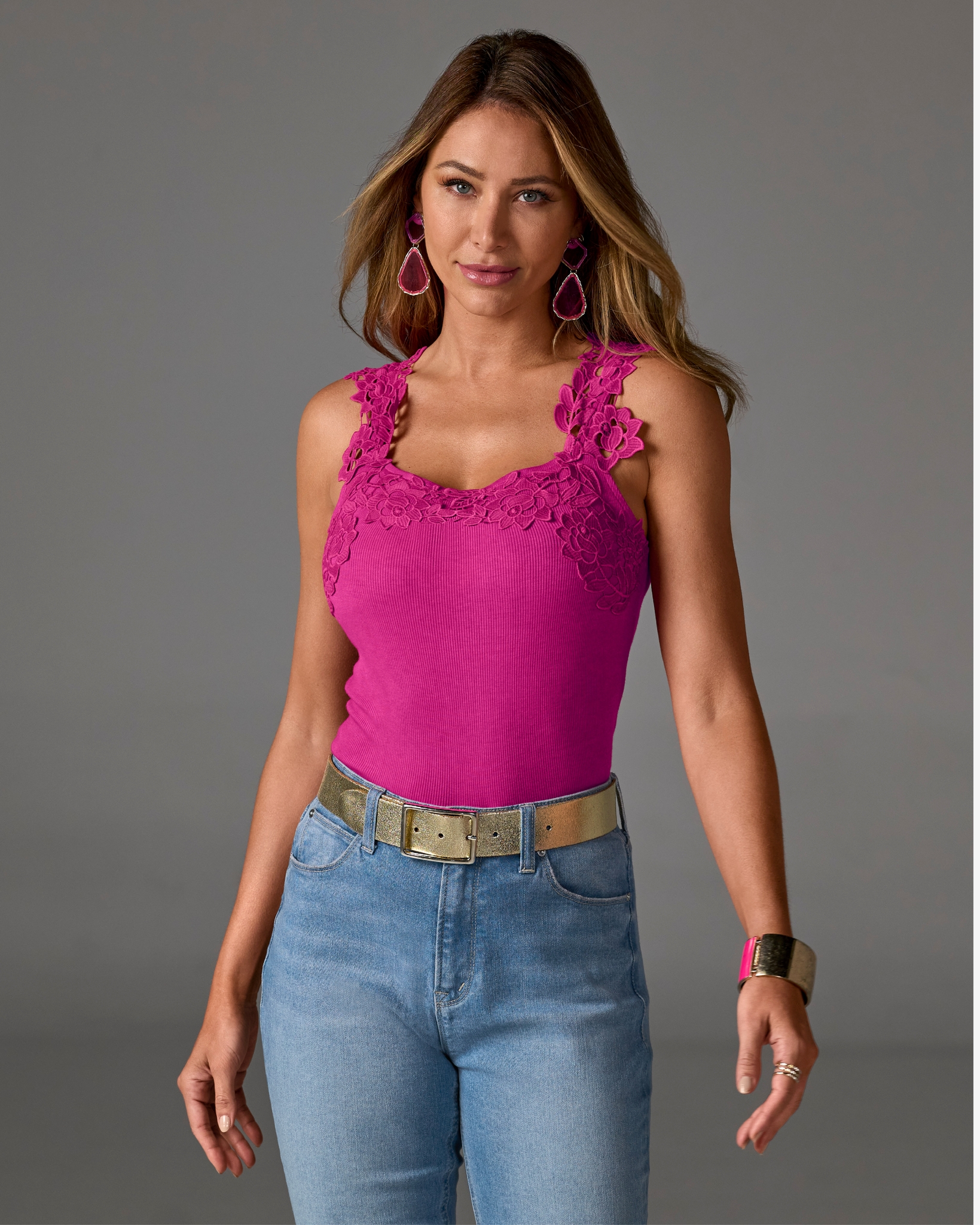 Boston Proper - Raspberry Rose Pink - Ribbed Lace Applique Knit Tank Top - XS