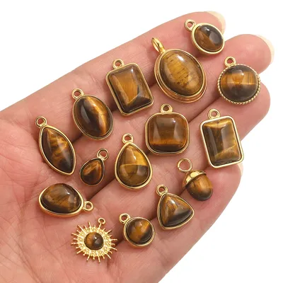 3pcs Stainless Steel Tiger Eye Charms Gold Pendants Jewelry Supplies DIY Necklace Earrings