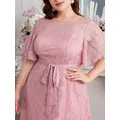 Abito da donna taglie forti girocollo maniche corte oversize a trapezio tulle rosa vita alta pizzo