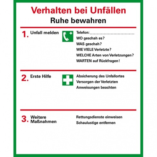 Dreifke® Verhaltensregeln Verhalten bei Unfällen, ISO 7010, Folie, selbstklebend, 95x115mm Image
