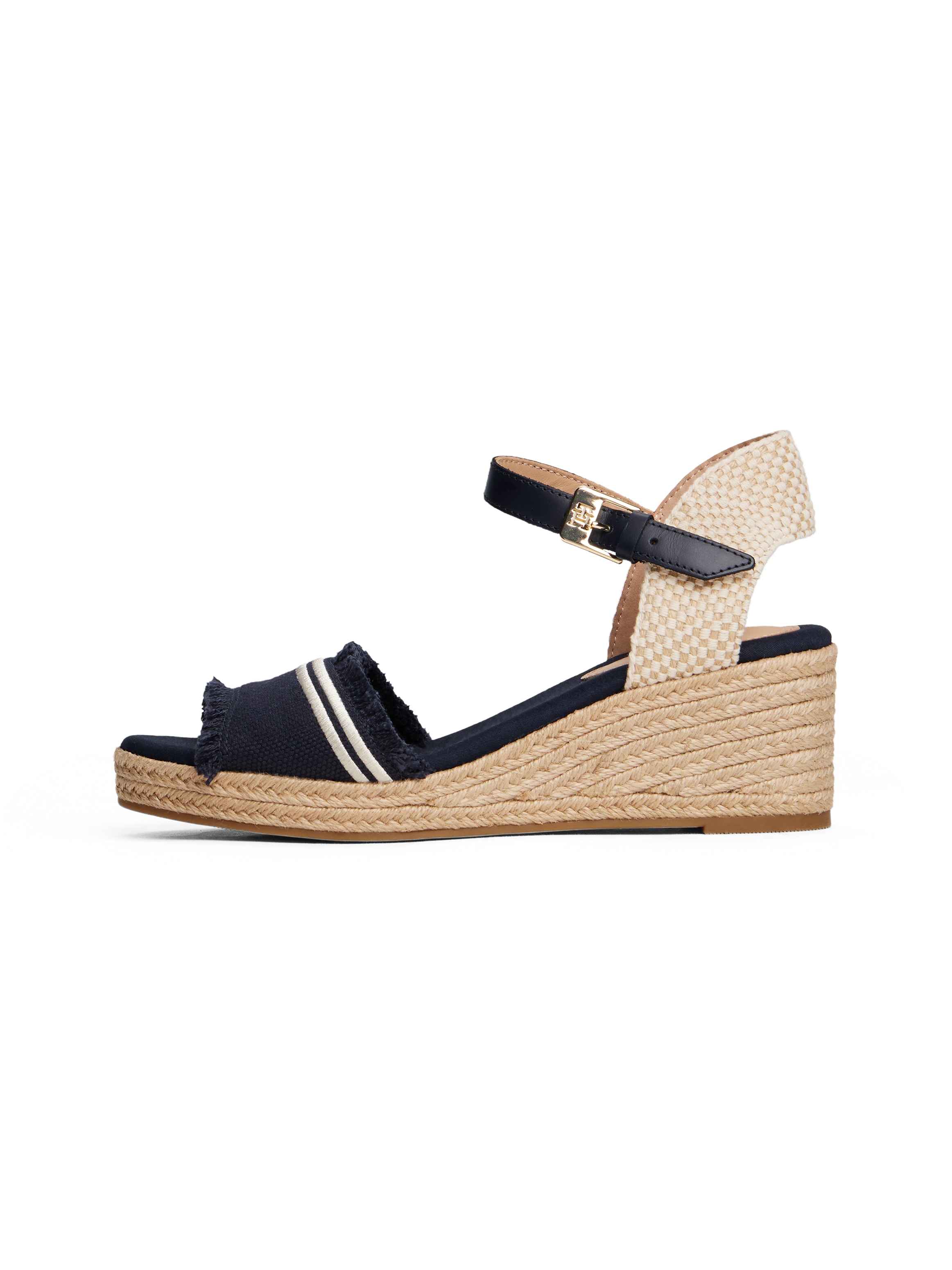 Keilsandalette TOMMY HILFIGER "FRINGE CANVAS MEDIUM WEDGE", Damen, Gr. 38, blau (dunkelblau, beige), Textil, Schuhe, Plateau, Sommerschuh, Riemchensandale mit Streifen