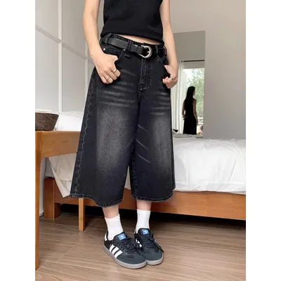 Y2K Women Vintage Streetwear Breeches Korean Harajuku Denim Wide Leg Trouser Short Pants Jorts Bermudas Jeans Shorts Alt Clothes