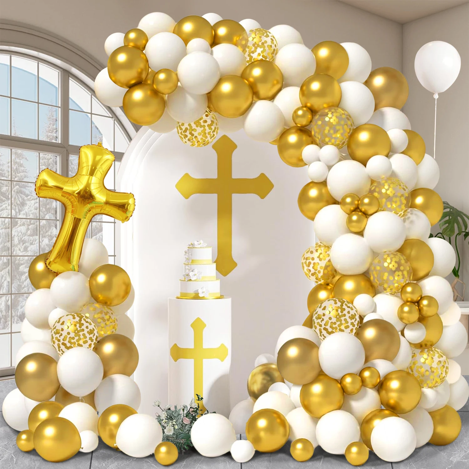 103-teiliges dekoratives Erstkommunion-Ballon-Set, weiße und goldene Luftballons mit Kreuzballons aus Aluminiumfolie, geeignet für den ersten Kombi Image