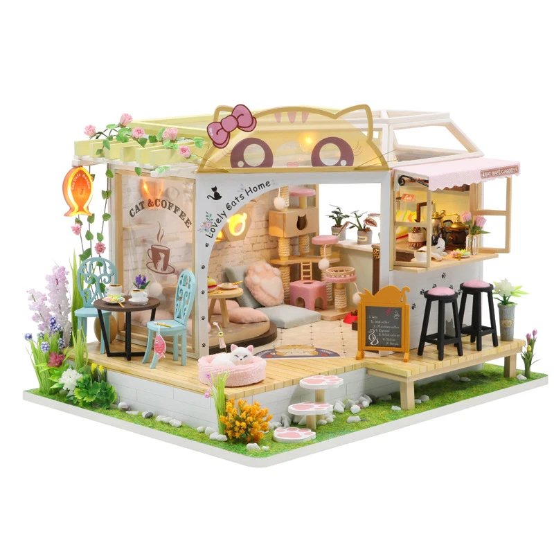 Mini DIY Holz-Puppenhaus Katzencafé Hausbau-Spielzeug Zimmerdekoration Schlafzimmer-Deko mit Möbeln Spielzeug für Weihnachtsgeschenke Puppenhäuser