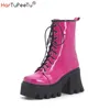 Plattform Stiefel Frauen klobigen Absatz Rose rot schwarz Schuhe Herbst Winter Lack leder Kampf Goth