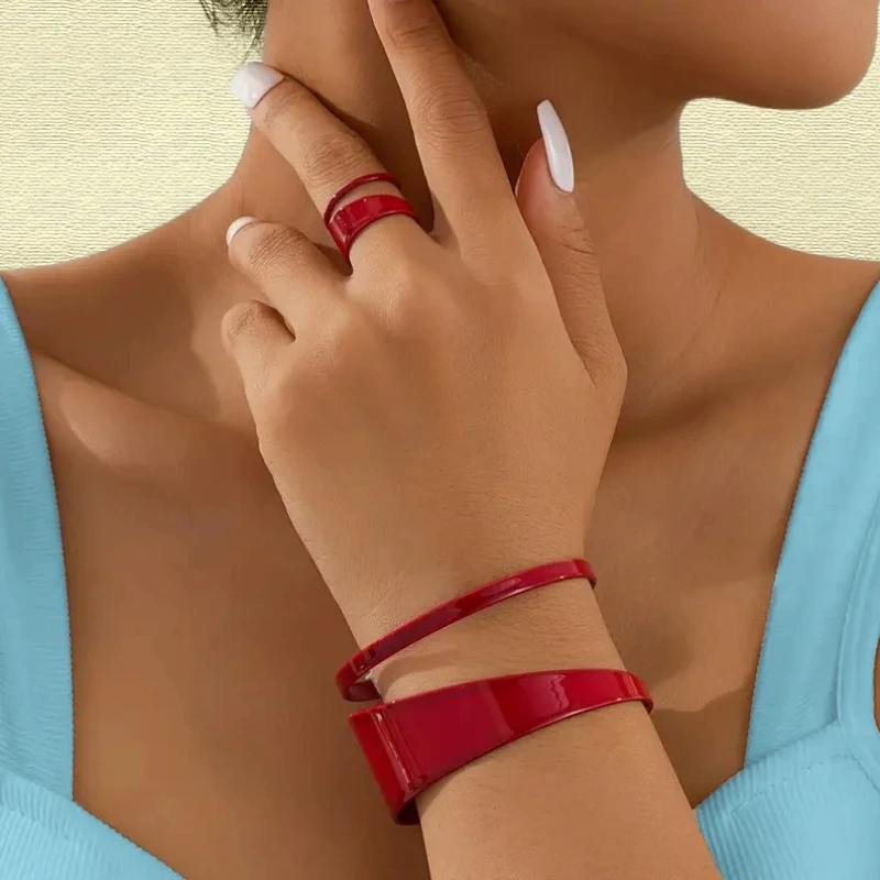 Personalisiertes hohles Design, rote Farbe, weit offenes Armband, Ring, modisch, schlichtes Schmuckset, Urlaub, Party, Accessoires, Geschenke Image