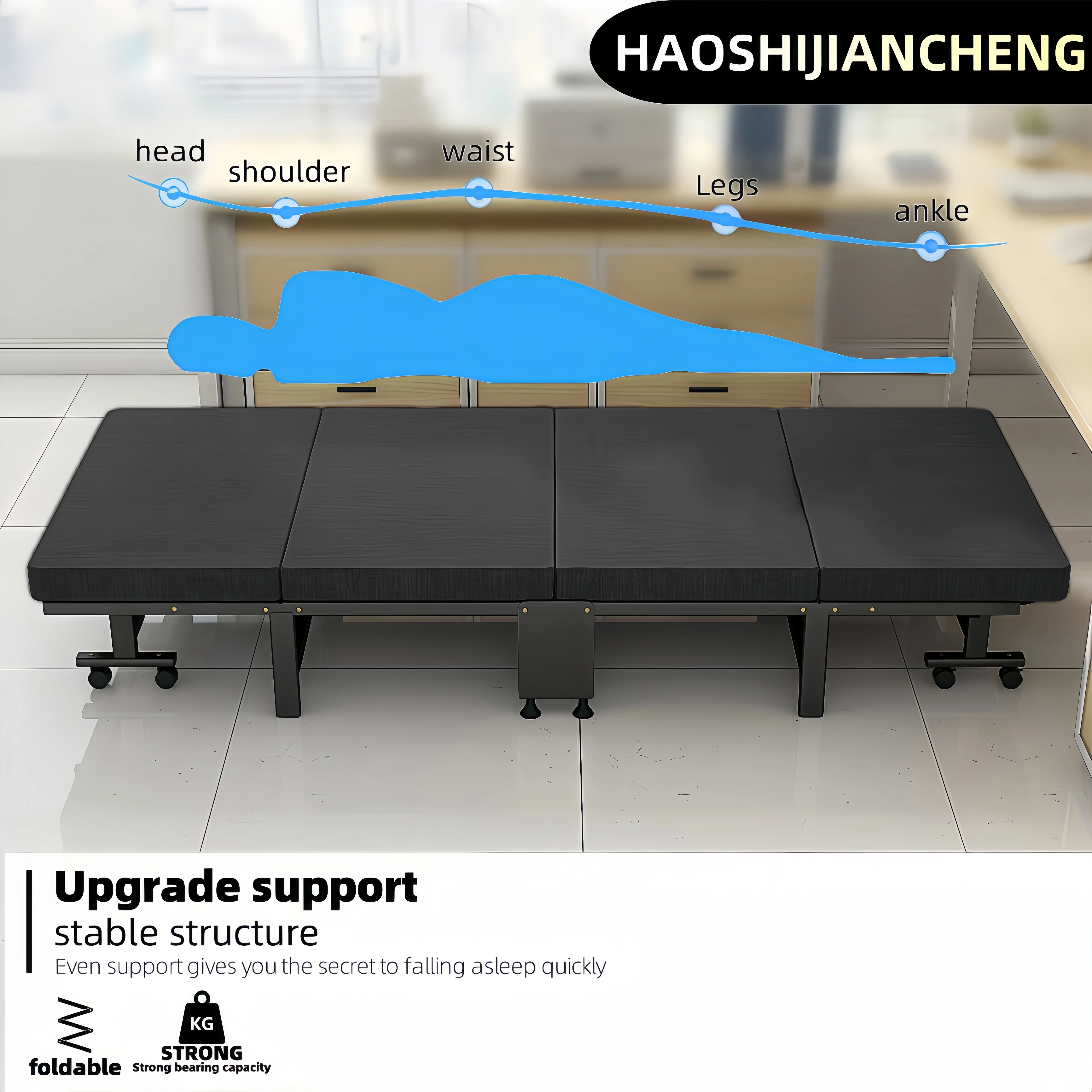 75-Zoll-Klappbett für hohe Beanspruchung mit verstärktem Stahlrahmen, tragbares Klappbett mit feststellbaren Rollen, geeignet für Nickerchen im Büro, Campingausflüge, Übernachtungen mit Freunden usw., Image