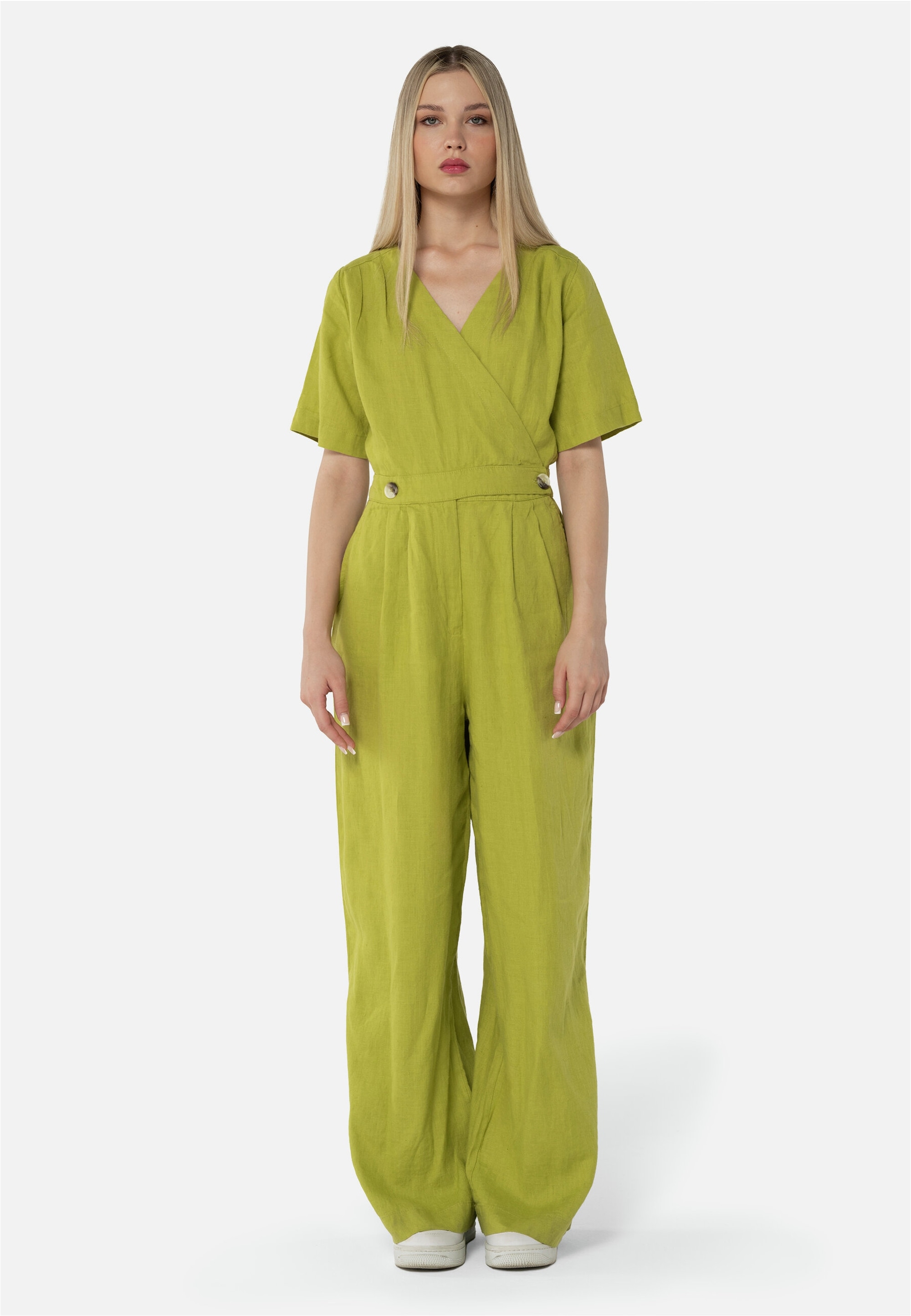 Jumpsuit FRESHLIONS "Kira", Damen, Gr. XL, EURO-Größen, grün, 100% Leinen, lang, V-Ausschnitt, Overalls Jumpsuit, im klassischen Design