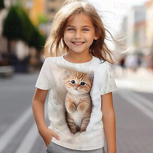 Mädchen 3D Katze T-Shirt Kurzarm Sommer Frühling Mode Basic Kinder 4-12 Jahre Rundhalsausschnitt Outdoor Lässig Täglich Normale Passform Image
