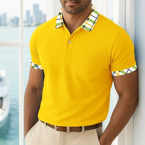 Herren Golfshirt Piqué-Poloshirt Geschäft Lässig Klassisch Kurzarm Mode Basic Einfarbig Karomuster Knöpfe Sommer Frühling Frühling Herbst Normale Passform Weiß Gelb Marineblau Grün Golfshirt Image