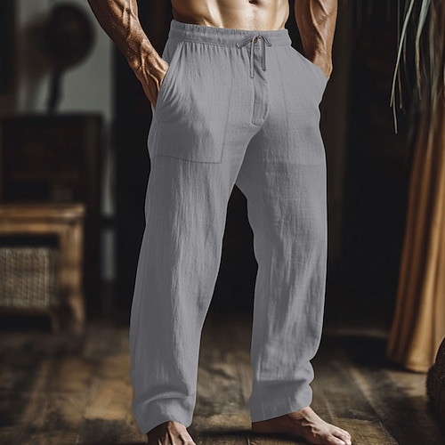 Herren Leinenhosen Hose Sommerhose Baggy-Hosen Elastischer Bund Gerader Schnitt Einfach Komfort Atmungsaktiv Volle Länge Lässig Täglich Ferien Mode Klassicher Stil Lässiger Schnitt Schwarz Hellgrün Image
