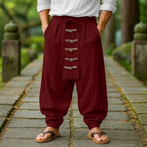 Herren Leinenhosen Hose Sommerhose Baggy-Hosen Plissiert Knöpfe Kordelzug Einfach Komfort Atmungsaktiv Knielang Outdoor Yoga Lässig Urlaub Designer Lässiger Schnitt Rote Marineblau Image