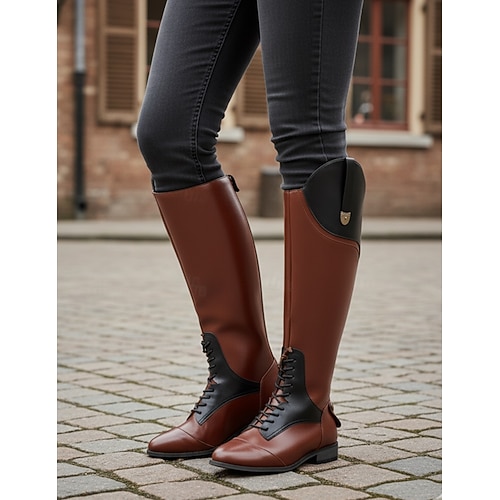 Damen Stiefel Bikerstiefel Stiefel für breite Waden Reitstiefel Outdoor Täglich Farbblock Kniehohe Stiefel Blockabsatz Spitze Zehe Elegant Minimalismus PU Loafer Schwarz Braun Image