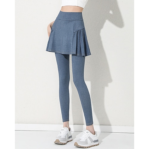 Damen Einfarbig Lässiger Rock Tennisrock mit Leggings Jeansleggings Seitentaschen Schnelltrocknend Tennis Golfspiel Pickleball Unterteile Schwarz Dunkelblau Hellblau Spandex Tennisbekleidung Image