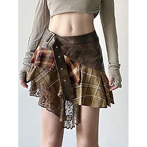 Damen Rock A-Linie Mode Lässig Mini Hohe Taille Röcke Karomuster Unregelmäßiger Saum Mikroelastisch Straße Täglich Braun Sommer Polyester