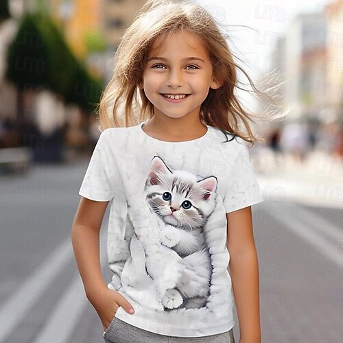 Mädchen 3D Katze T-Shirt Kurzarm Sommer Frühling Mode Basic Kinder 4-12 Jahre Rundhalsausschnitt Outdoor Lässig Täglich Normale Passform Image