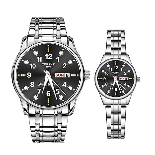 2-teiliges Paar-Quarzuhren-Set – rundes digitales Zifferblatt, IPX7-wasserdicht, leuchtende Zeiger, Doppelkalender (Datum und Tag), Legierungsarmband, Unisex-Business-Stil, ideal für Verabredungen und als Geschenk Image