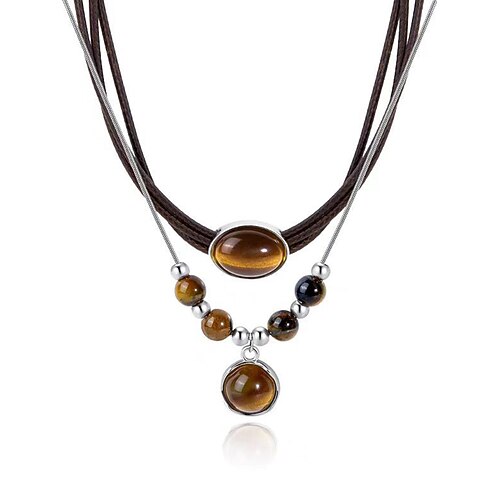 Doppellagiges Halsketten-Set mit Tigerauge-Anhänger im Bohème-Stil für Damen, Natursteinmaterial, geeignet für Freizeit-, Alltags- und Partykleidung Image