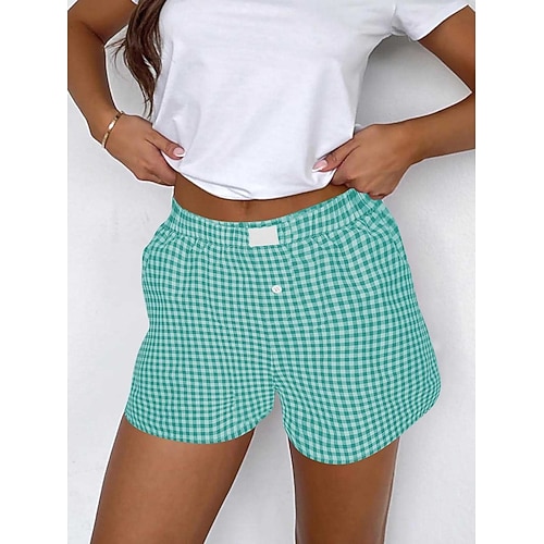 Damen Shorts Chinos Urlaub Fashion Streetwear Kurz Hohe Taille Kariert Tasche Elastischer Bund Druck Bequem Weich Komfortabel Mikrostretchig Außen Straße Schwarz Gelb Wein Grün Sommer Regulär Image