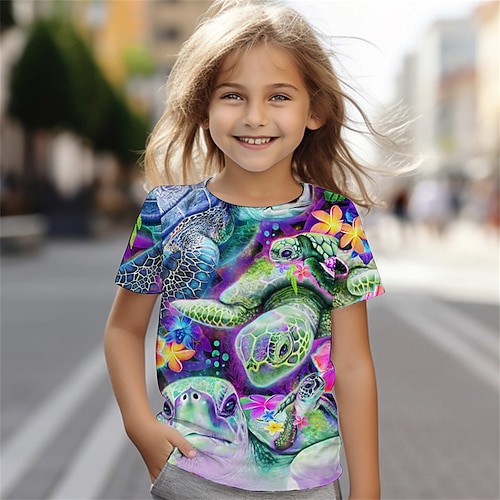 Day Dream Sea Turtles von Sheena Pike Mädchen-T-Shirt mit 3D-Tiermotiv, kurzärmlig, Sommer, Frühling, Mode, Basic, Kinder, 4–12 Jahre, Rundhalsausschnitt, Outdoor, lässig, täglich, normale Passform Image
